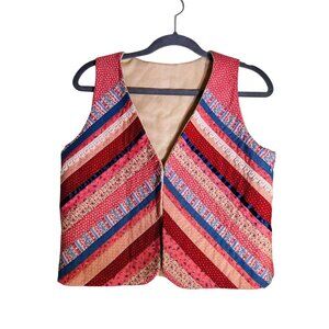 Handmade Quilted Patchwork Vest V-Neck Multicolor Stripes Womens Boho/Folk